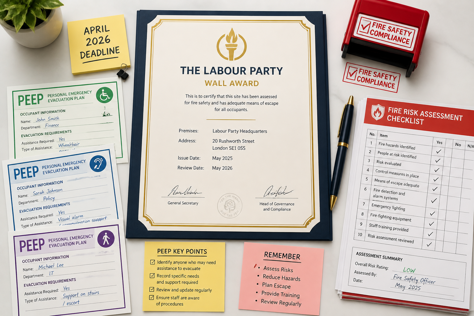 Flat-lay infographic-style editorial image showing a formal party wall award document on a polished desk, surrounded by