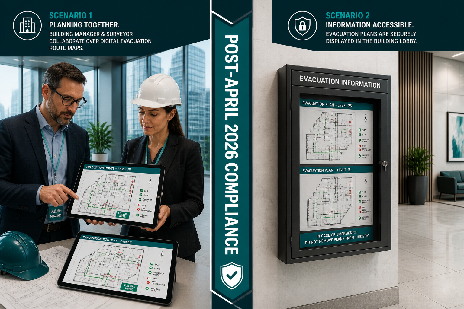 Split-scene editorial illustration showing two contrasting scenarios side by side: left panel depicts a building manager and