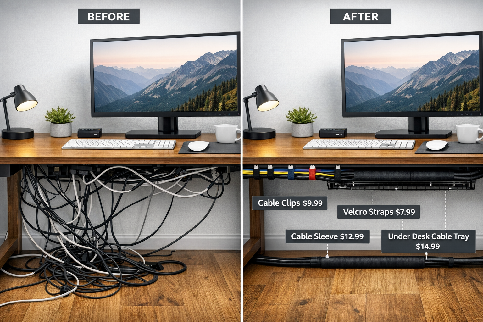 Professional landscape photograph (1536x1024) displaying organized desk workspace transformation with cable management solutions including a