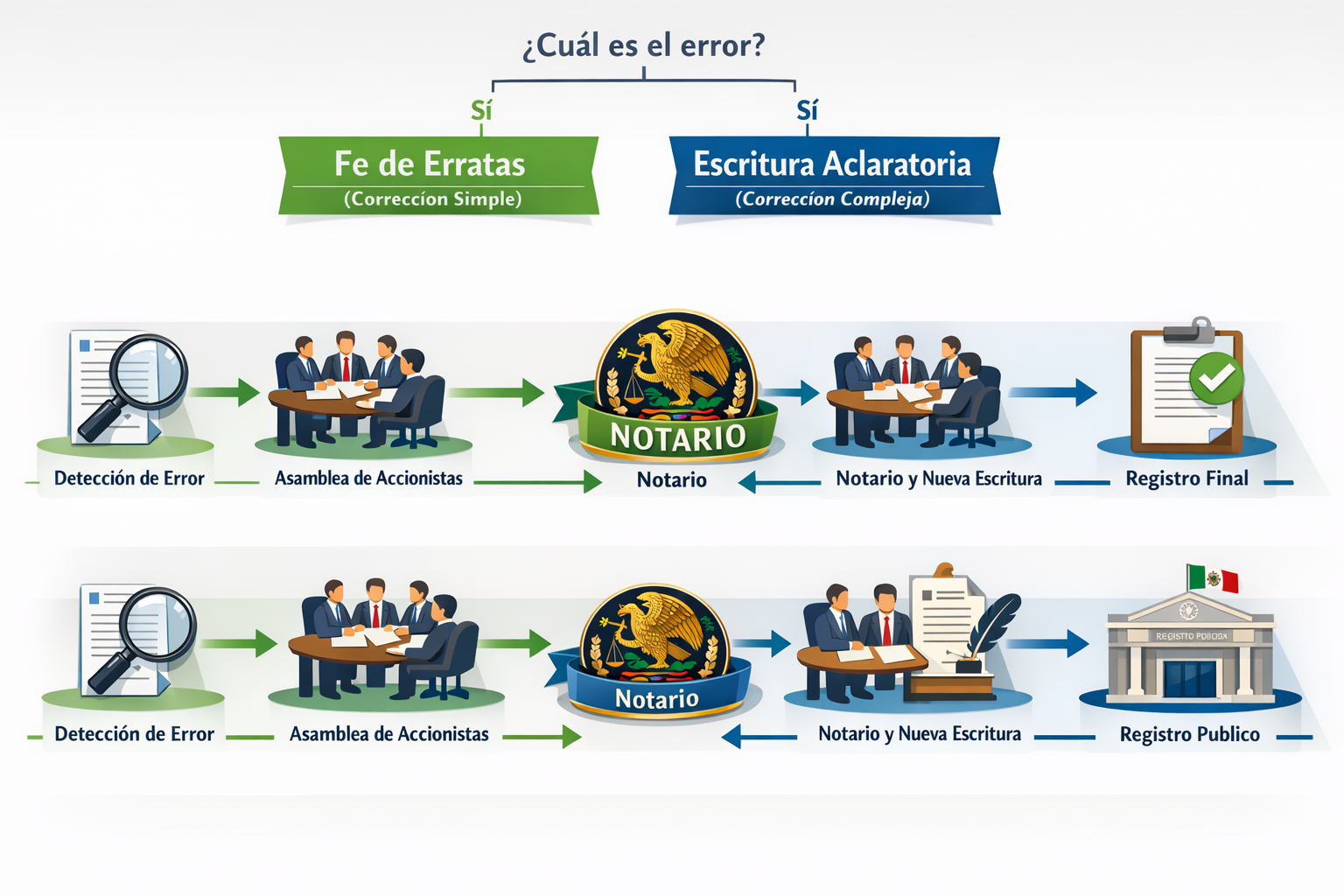 Detailed landscape format (1536x1024) image illustrating step-by-step correction process flowchart: starting with error detection (magnifyin