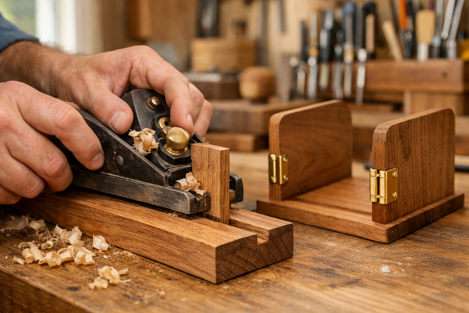 Landscape format (1536x1024) image showcasing a close-up of a wooden napkin holder being assembled. Focus on a skilled woodworker's hands us