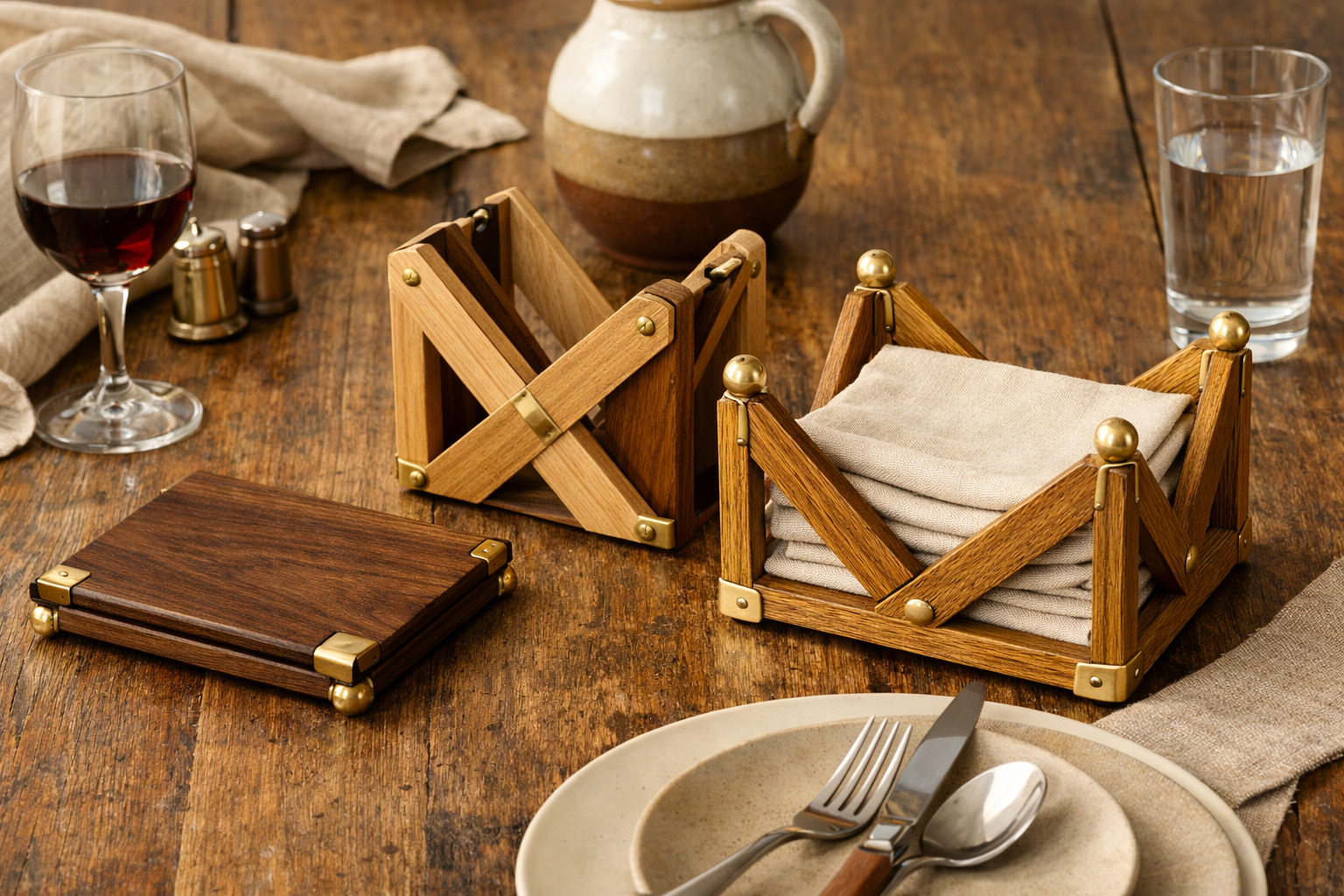 Landscape format (1536x1024) image displaying three distinct foldable wooden napkin holder designs with brass accents, arranged aestheticall