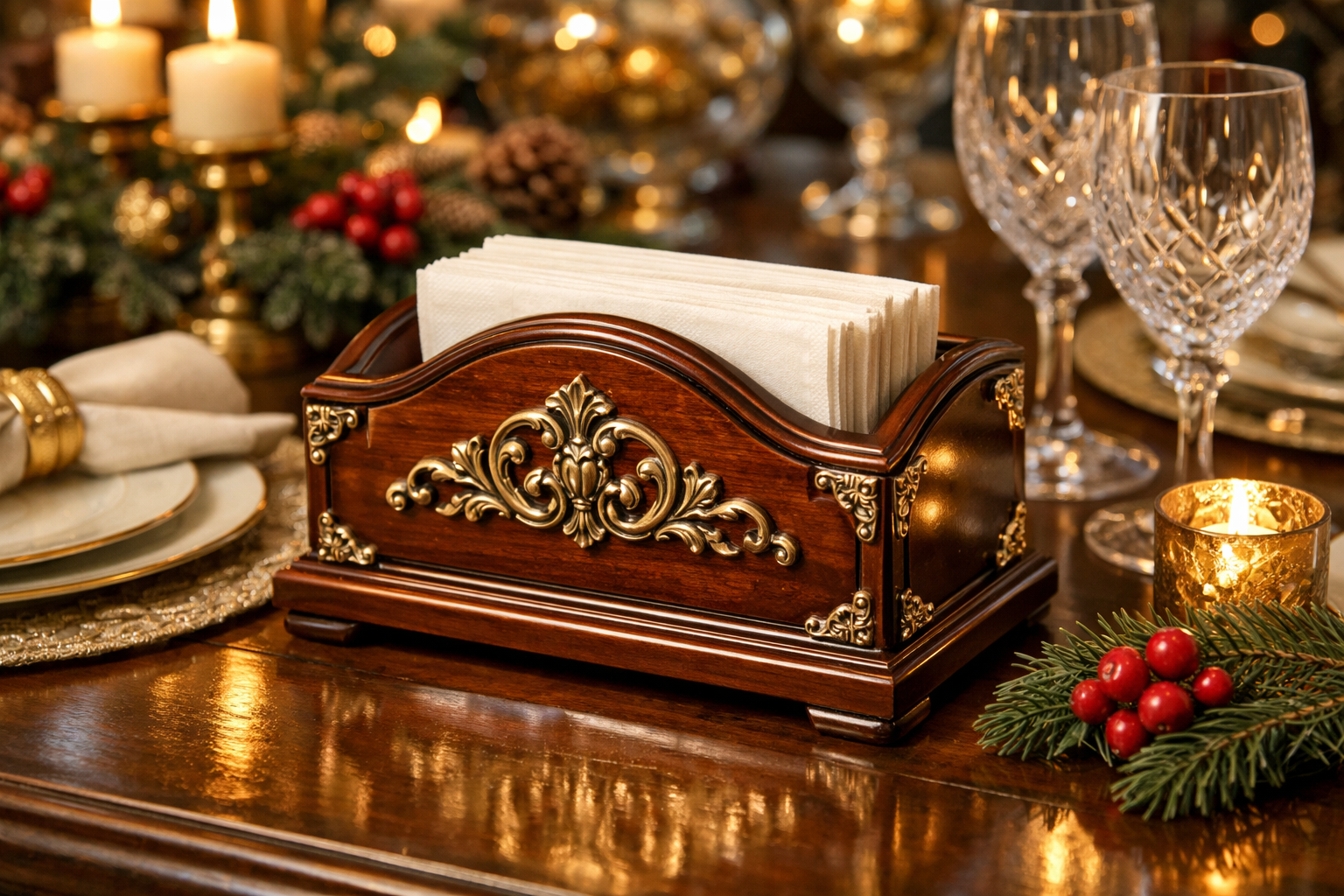 Landscape format (1536x1024) image showing a polished, completed wooden napkin holder with intricate brass detailing positioned as a centerp