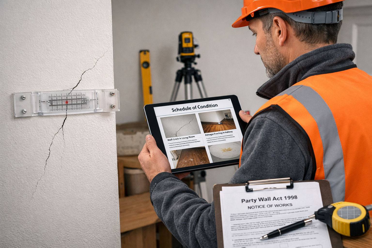 () editorial image showing a professional surveyor in high-visibility vest conducting a detailed pre-work inspection inside