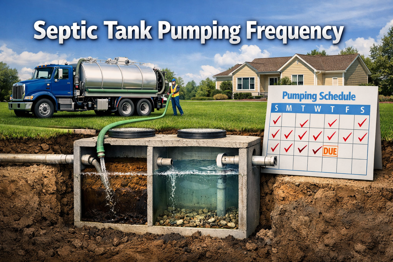 Professional () hero image with 'Septic Tank Pumping Frequency' in white with dark , centered in upper third. Background