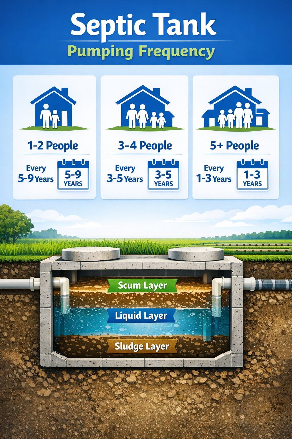 () infographic showing household size chart with pumping frequency recommendations: 1-2 people (5-9 years), 3-4 people (3-5