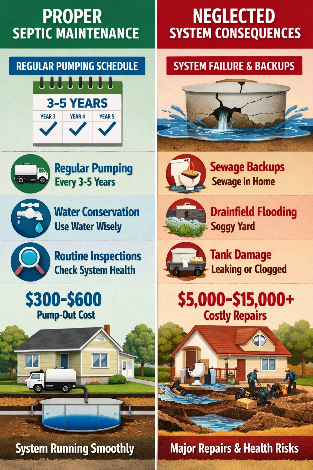 () comparison visual showing proper septic maintenance timeline versus neglected system consequences. Split-screen design