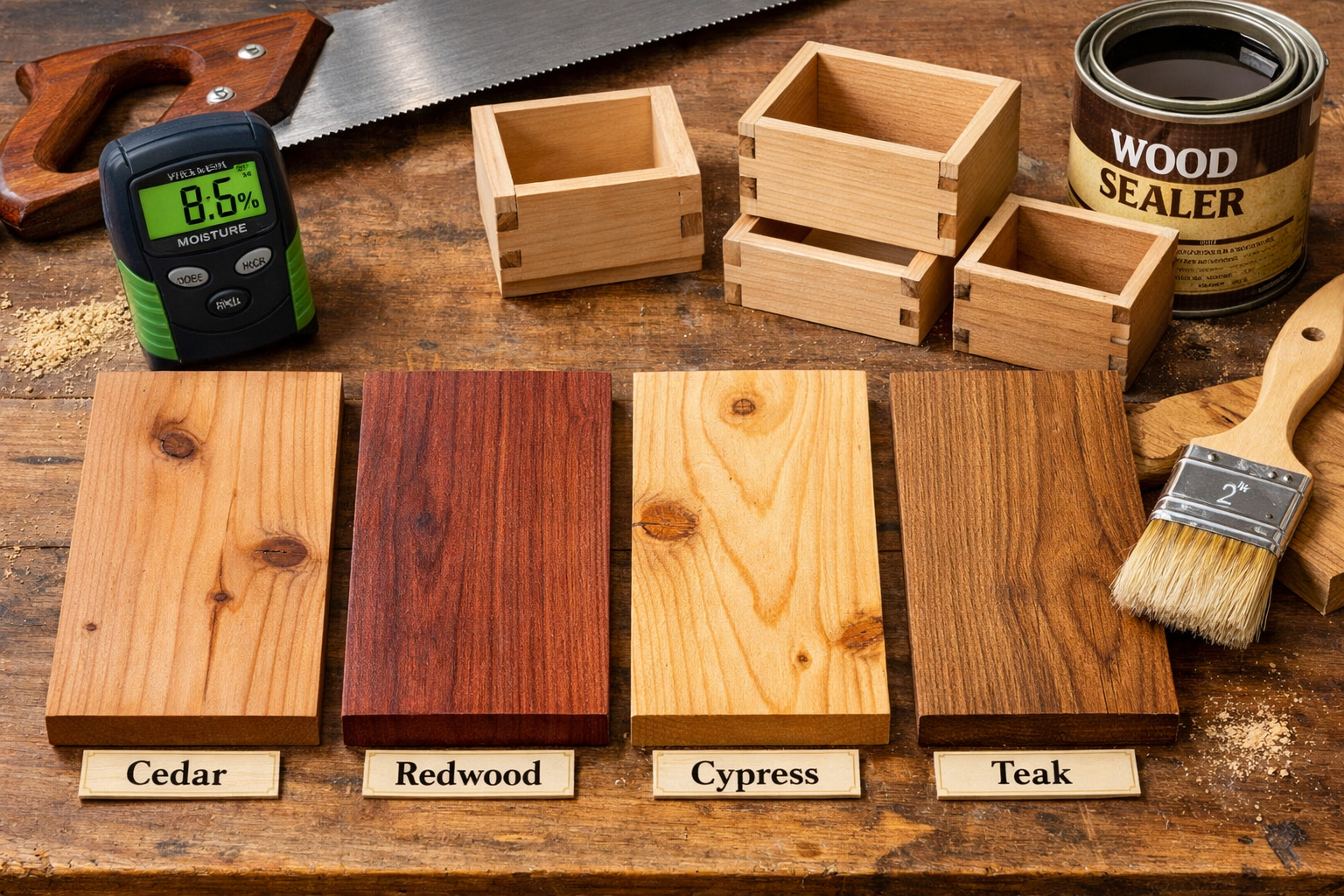 A detailed close-up, () image illustrating various moisture-resistant wood types (cedar, redwood, cypress, teak) with