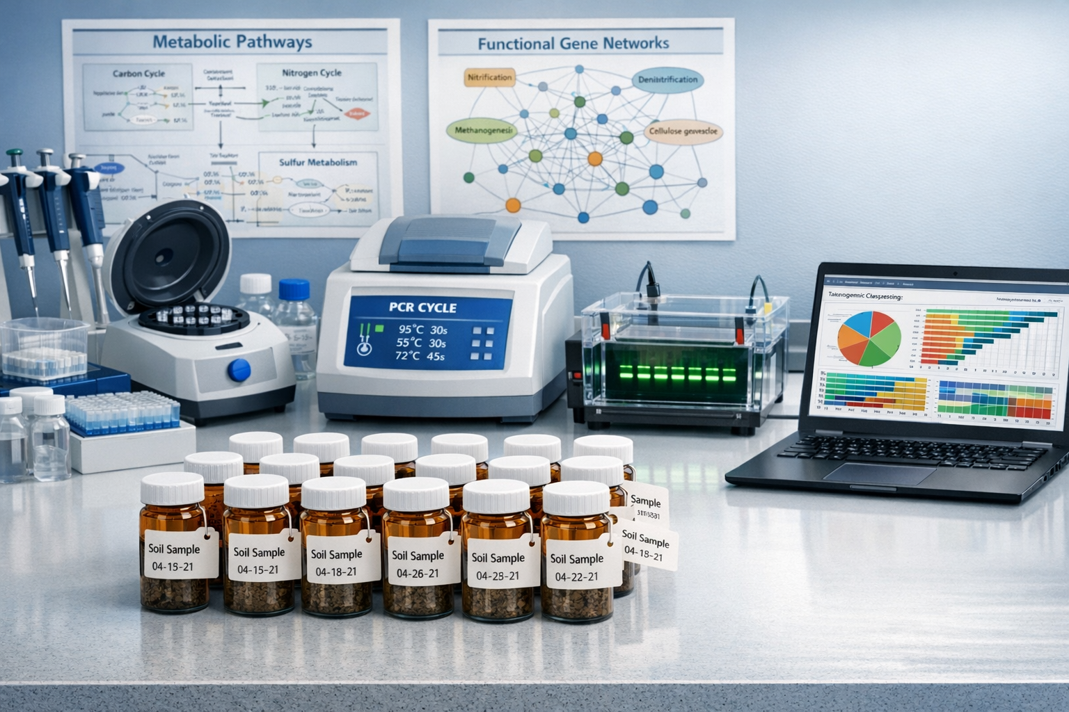() detailed illustration showing laboratory workflow for microbial functional redundancy assessment. Scene depicts modern
