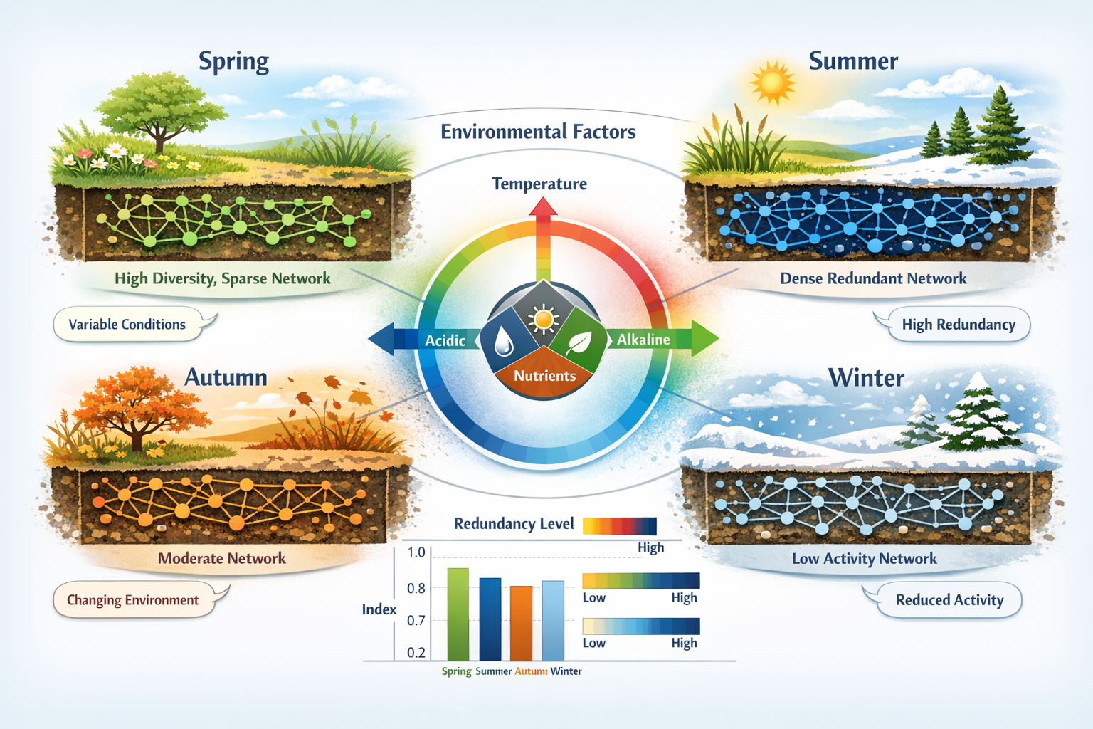Wide () infographic-style visualization demonstrating seasonal variation in microbial functional redundancy across four