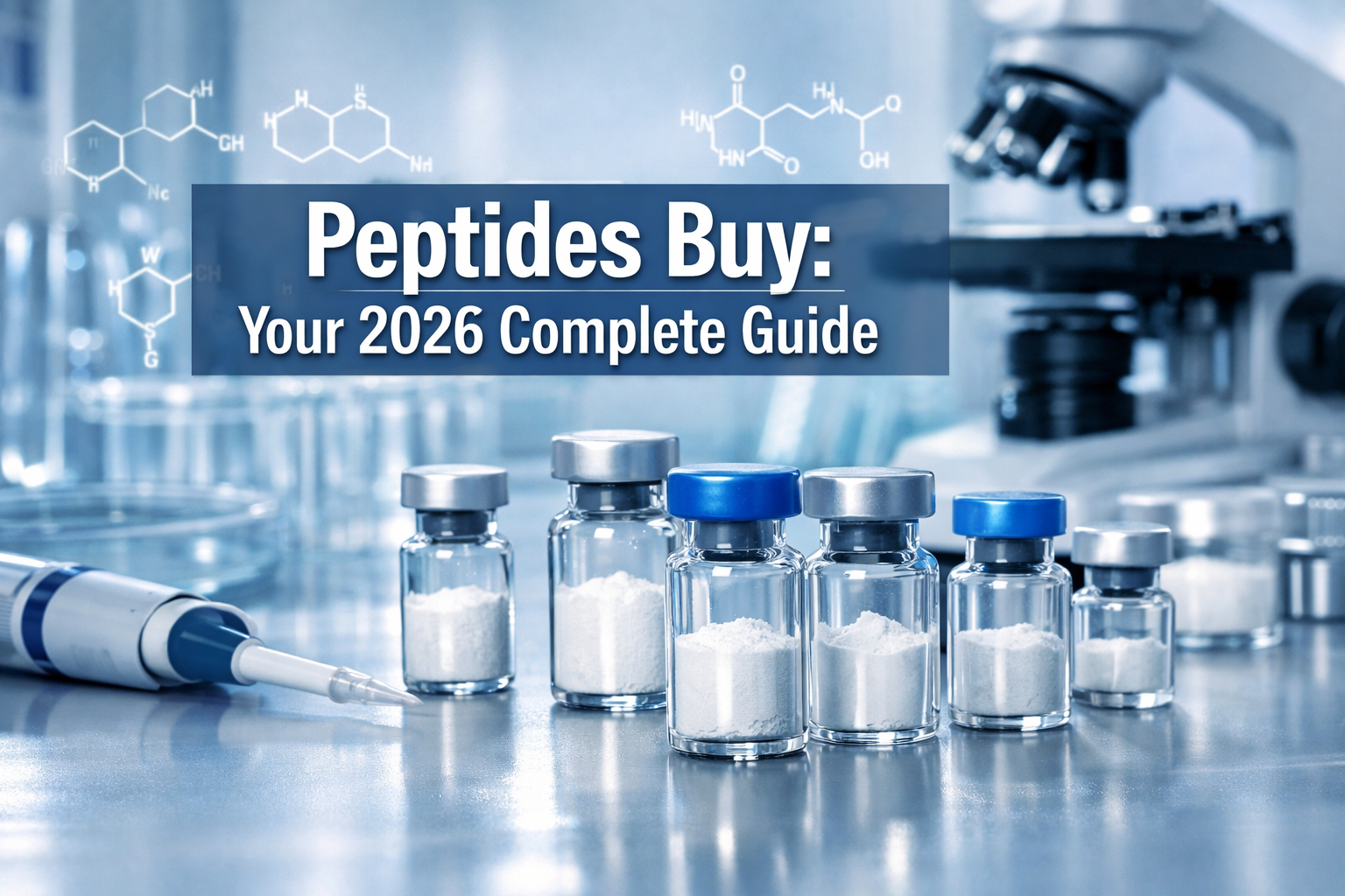 Professional landscape hero image (1536x1024) featuring bold text overlay 'Peptides Buy: Your 2026 Complete Guide' in extra large 72pt white