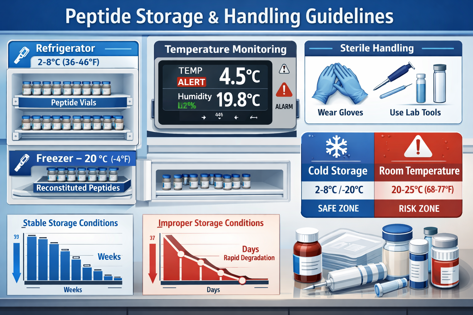 Informative landscape diagram (1536x1024) illustrating proper peptide storage and handling protocols: refrigerator at 2-8°C with organized p