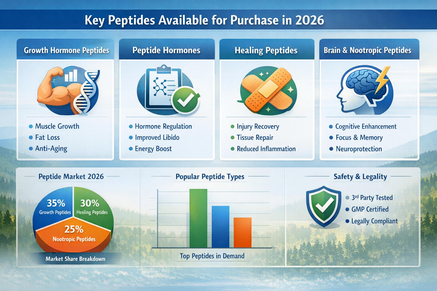 Professional landscape infographic (1536x1024) for article "Peptides Buy: Your Complete 2026 Guide to Safe and Legal Peptide Purchasing", se