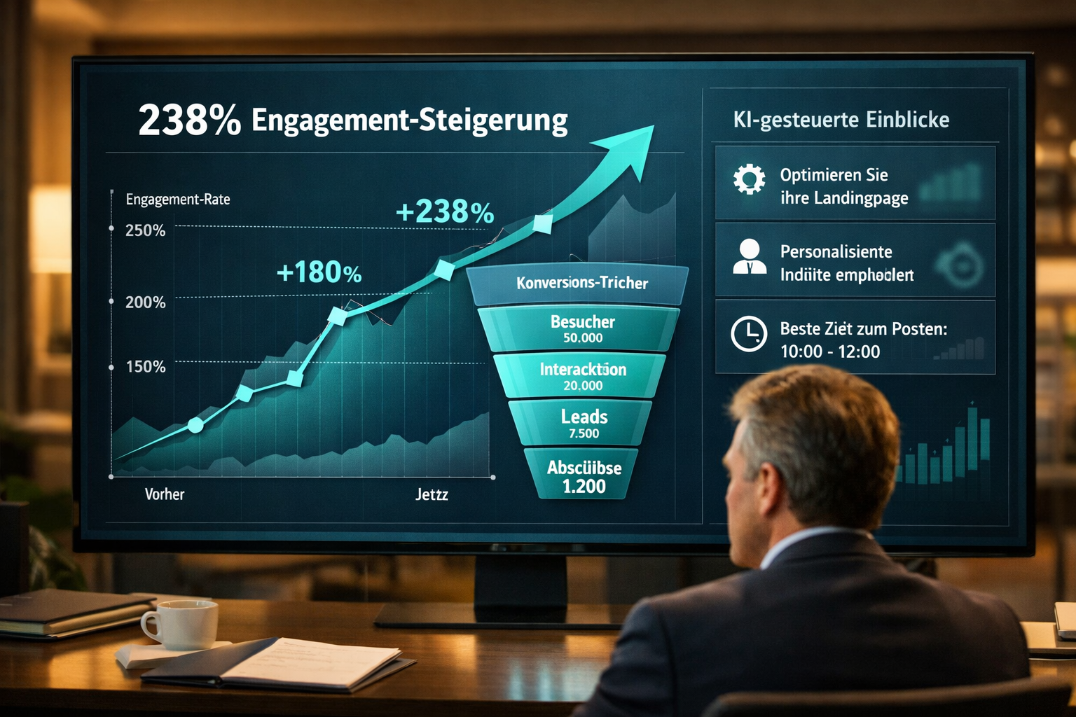 () depicting a business professional reviewing a large analytics screen showing engagement rate graphs rising steeply with