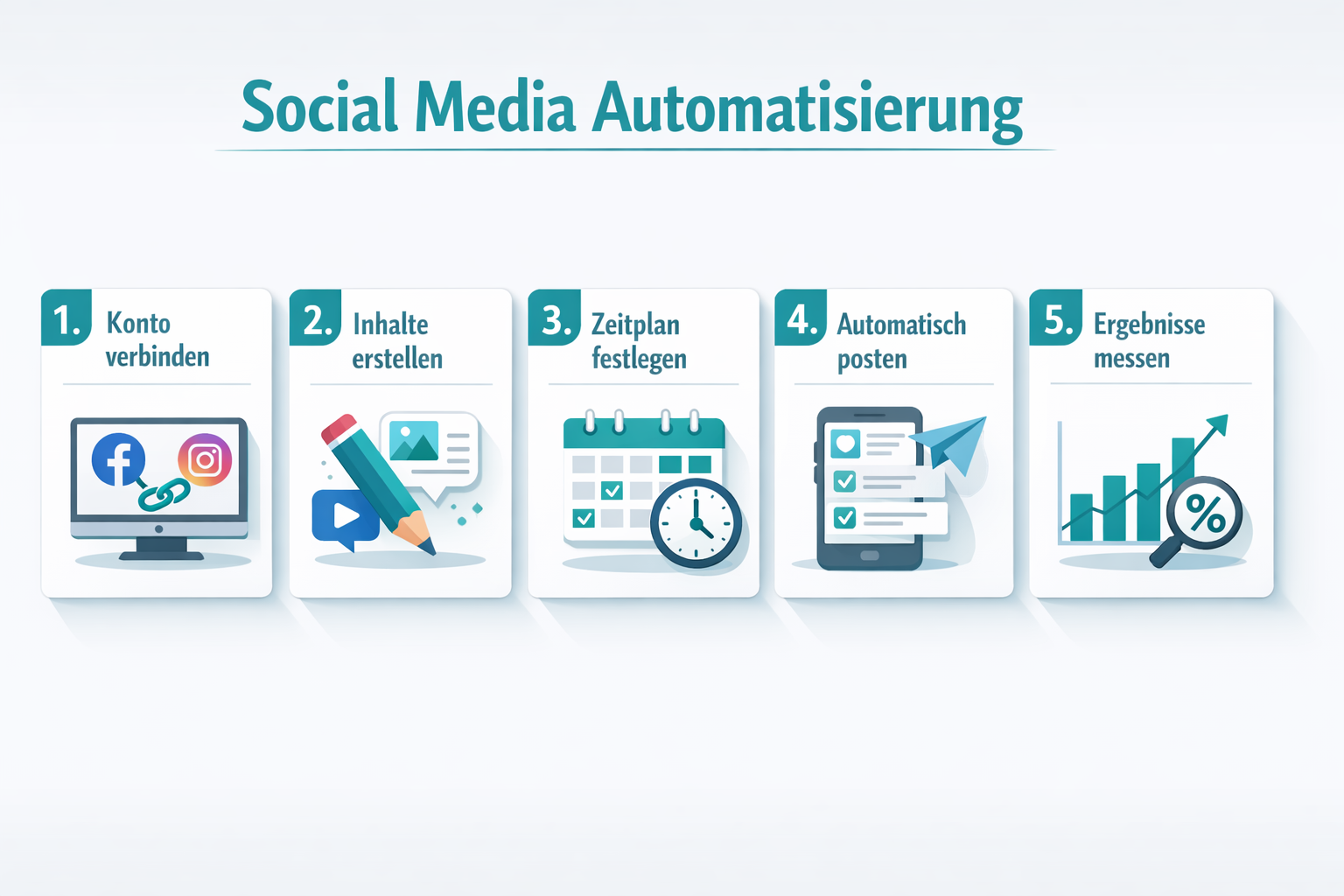 () showing a step-by-step visual checklist for Social Media Automatisierung setup: numbered steps 1 through 5 displayed as