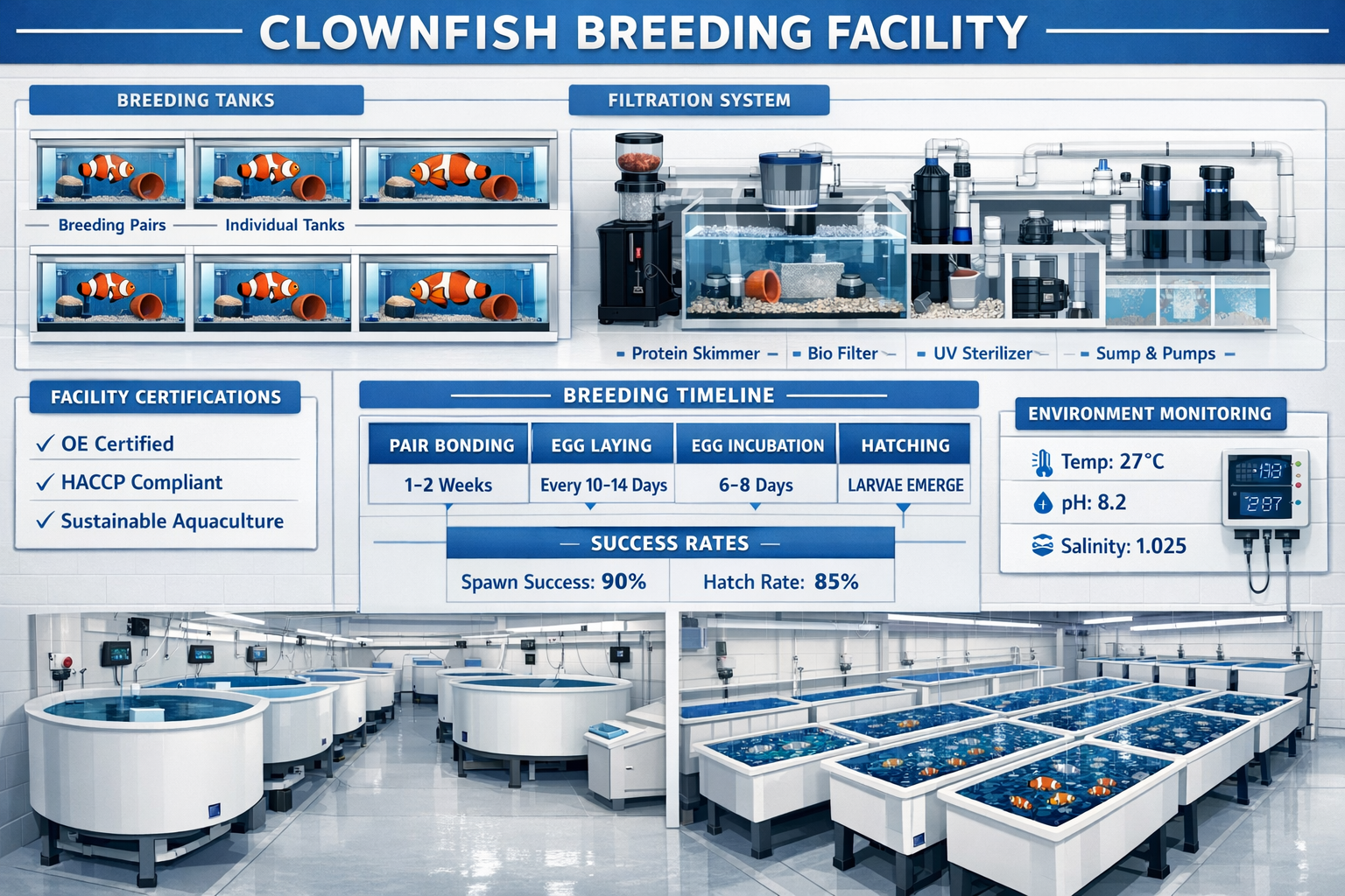 Detailed infographic showing clownfish breeding facility with multiple aquarium systems, breeding pairs in separate tanks, filtration equipm