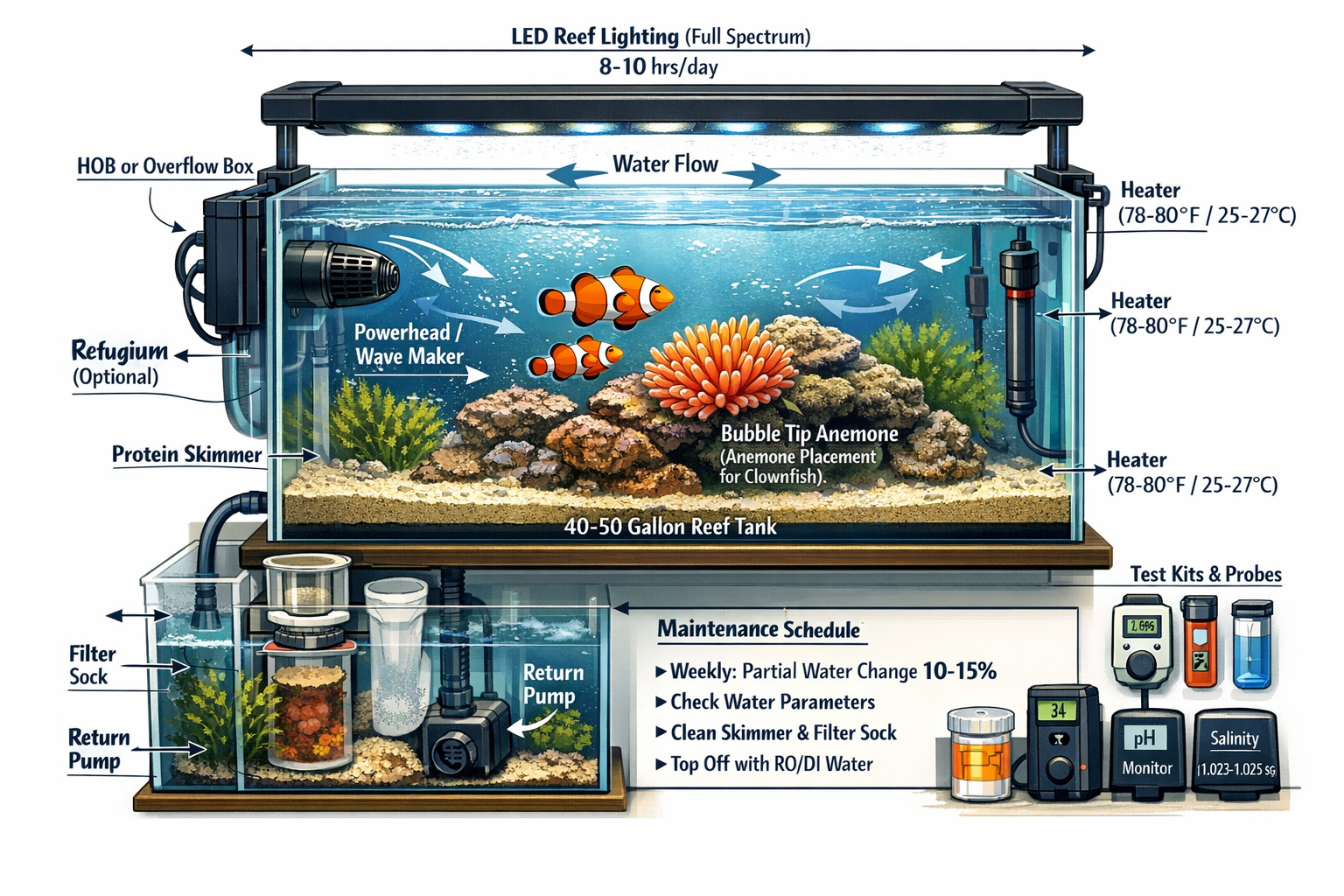 Detailed clownfish care setup diagram showing optimal aquarium configuration with proper filtration, lighting, anemone placement, and water