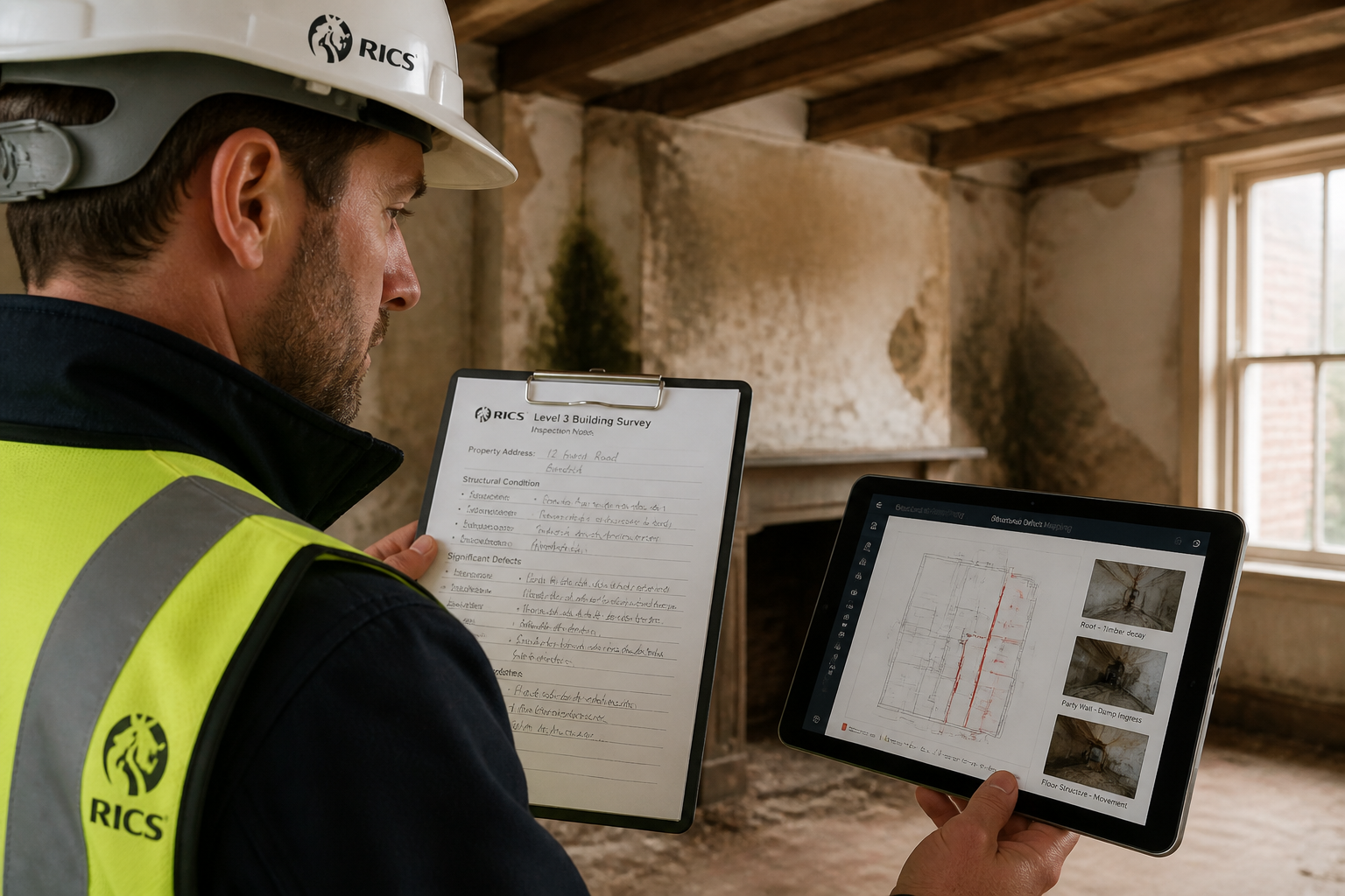 Close-up editorial photograph of a professional RICS-chartered building surveyor in a hard hat and hi-vis vest conducting a