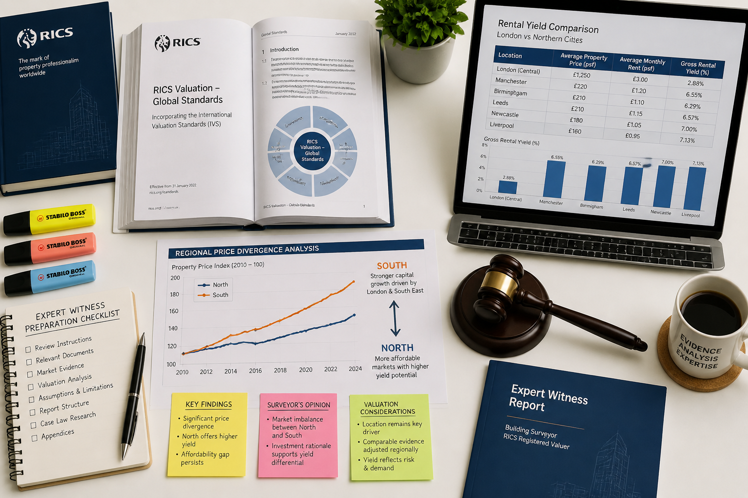 Overhead flat-lay composition on a clean white desk surface showing a building surveyor's expert witness preparation