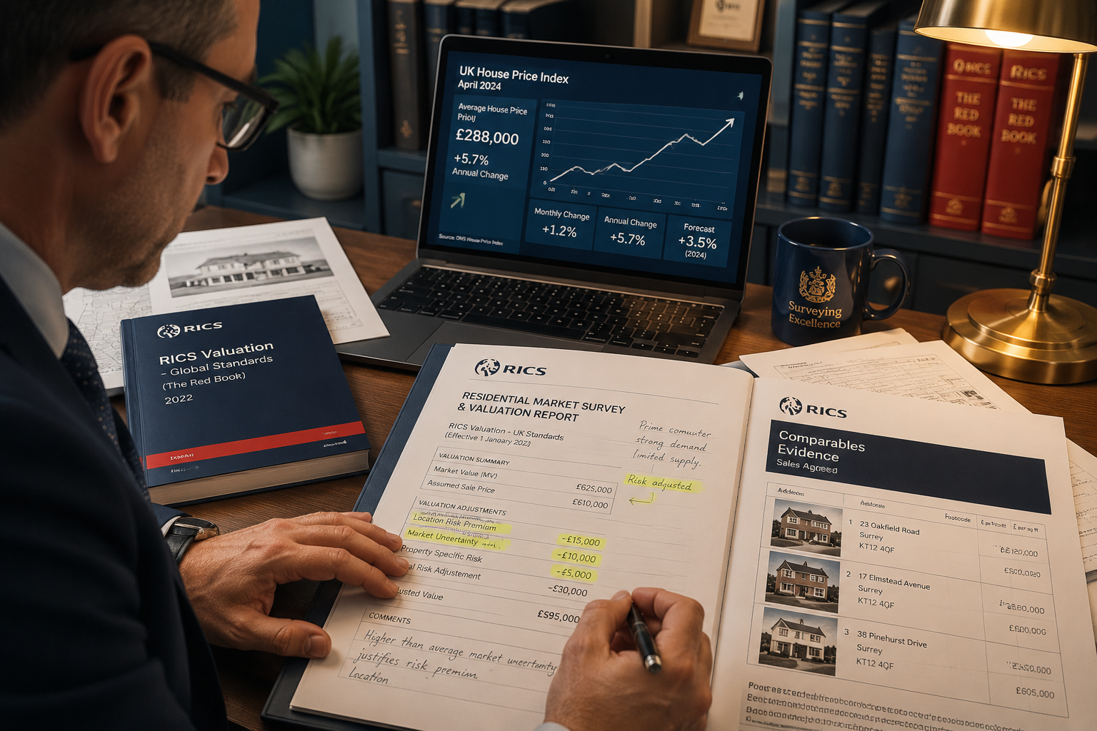 Wide-angle editorial photograph of a professional UK chartered surveyor at a desk covered with RICS residential market