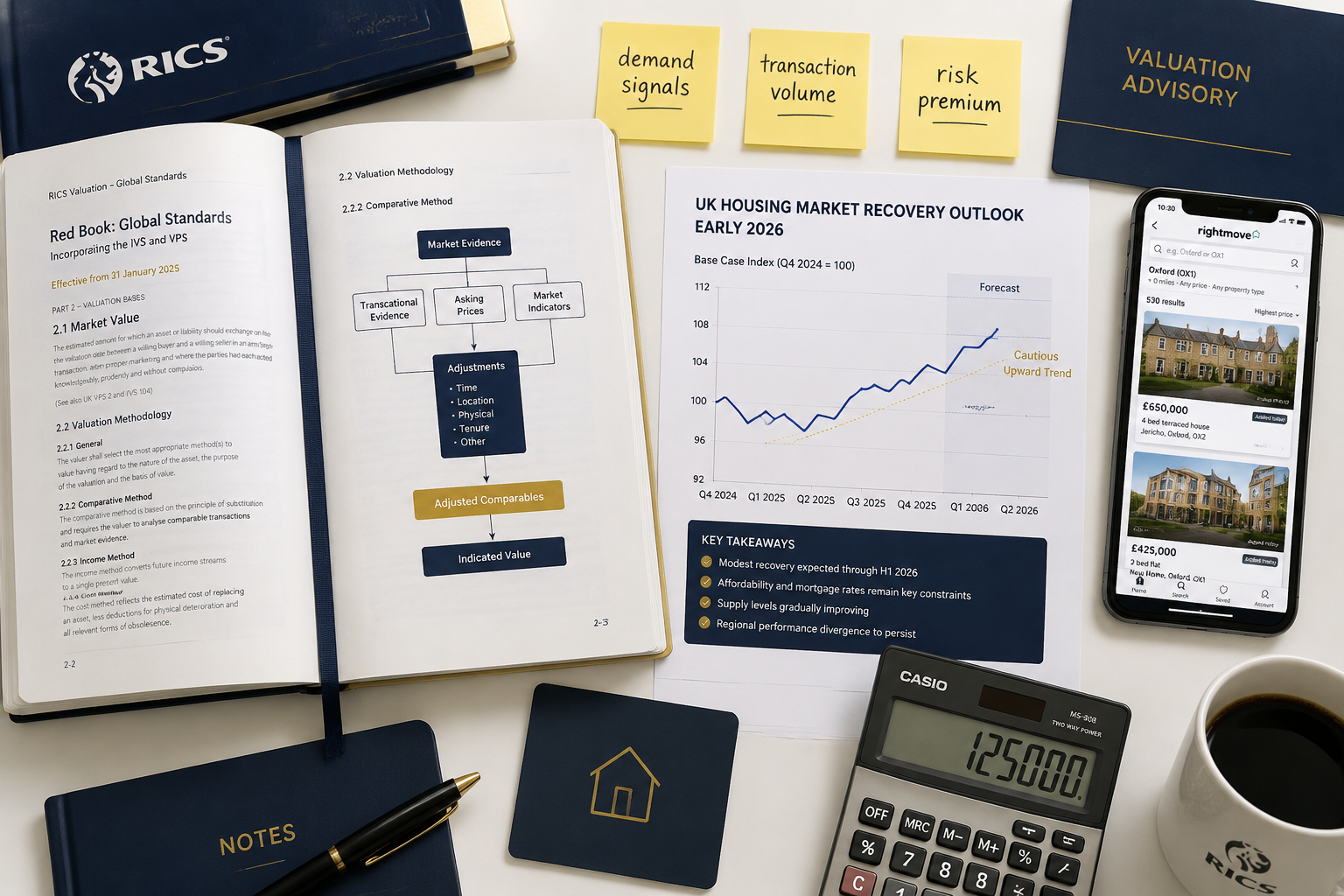 Overhead flat-lay composition showing a UK residential valuation toolkit: RICS Red Book open to valuation methodology pages,