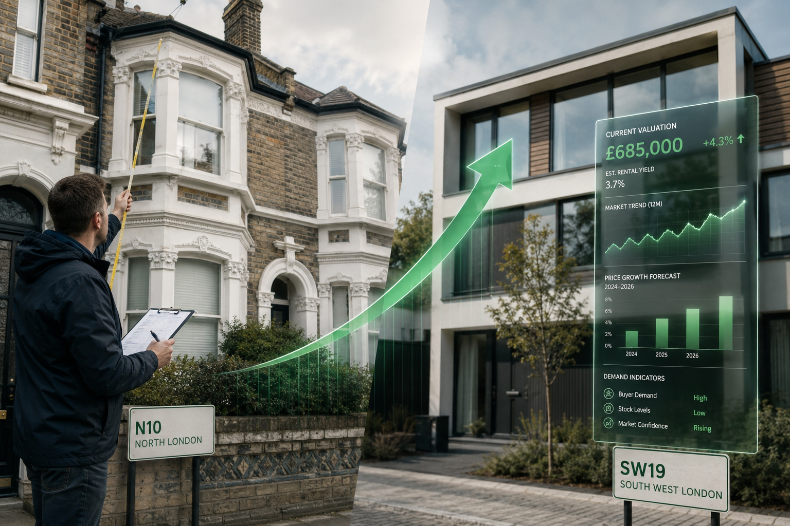 Split-scene landscape image contrasting two UK residential property scenarios: left side shows a Victorian semi-detached in