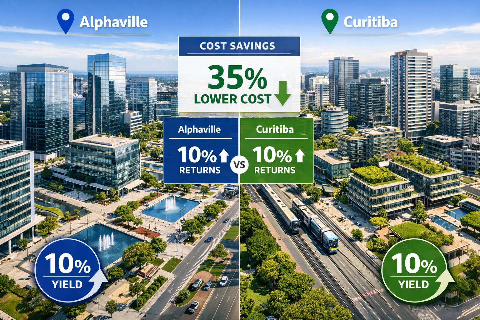Detailed () image showing side-by-side comparison of Alphaville and Curitiba business districts with modern office towers