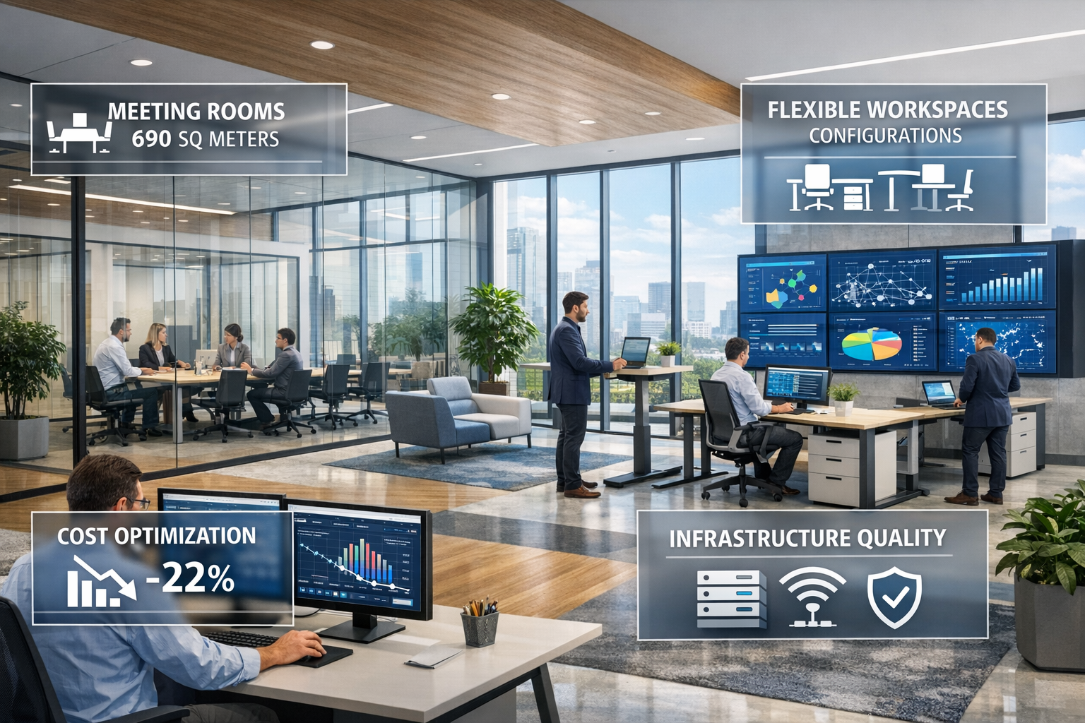 Detailed () architectural rendering showing modern back-office facility interior with open floor plans, collaborative