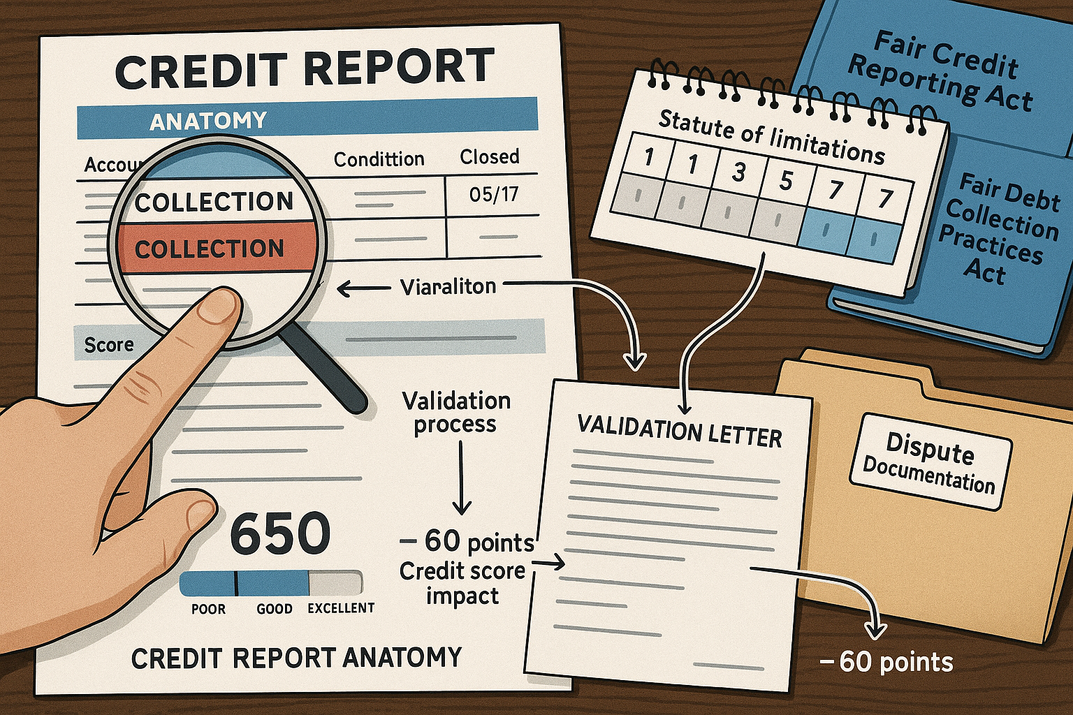 Detailed editorial landscape image (1536x1024) showing credit report anatomy with magnified collection account section highlighted in red, f