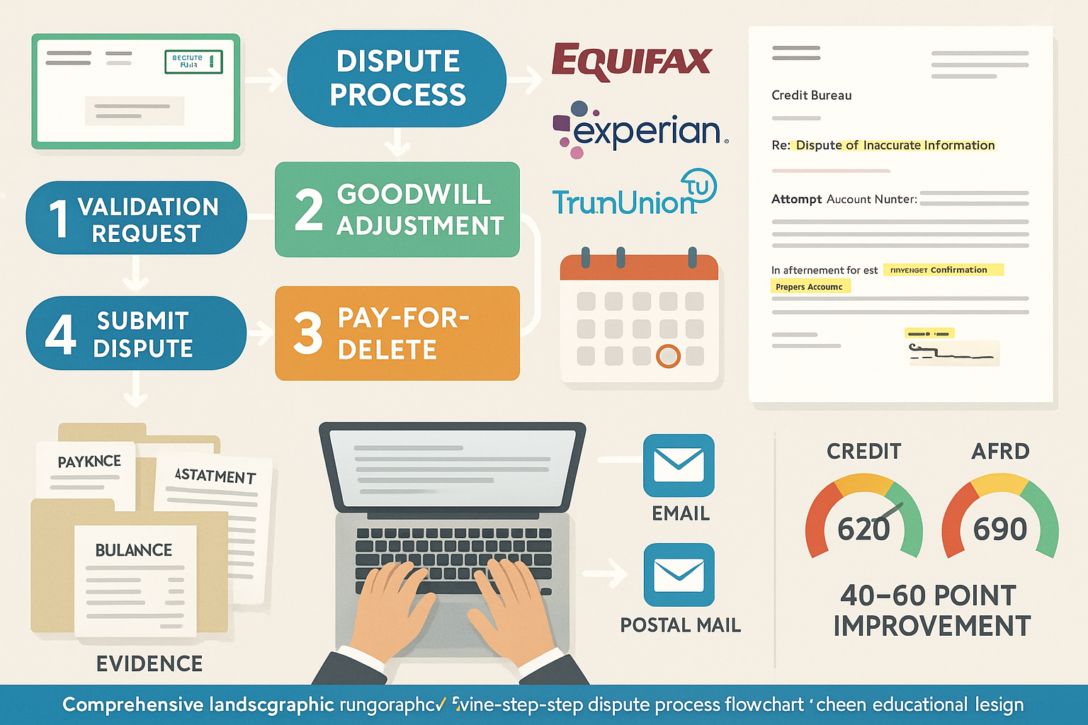 Comprehensive landscape infographic (1536x1024) displaying step-by-step dispute process flowchart with numbered stages from 1-5, certified m