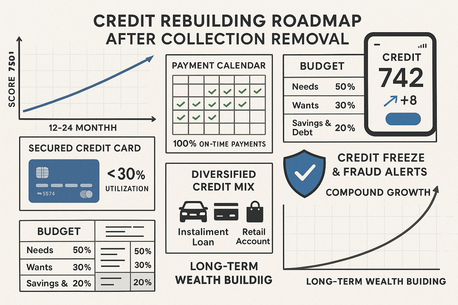 Strategic landscape visualization (1536x1024) showing credit rebuilding roadmap after collection removal, upward trending credit score graph