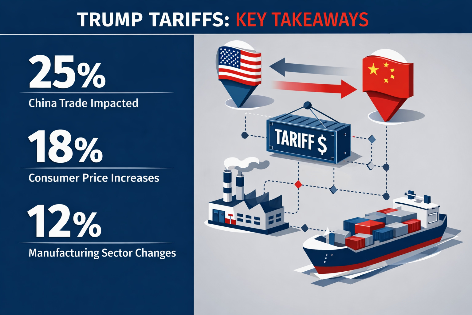 Key Takeaways visualization with a modern infographic design showcasing Trump Tariffs' primary impacts. Split-screen layout with left side d