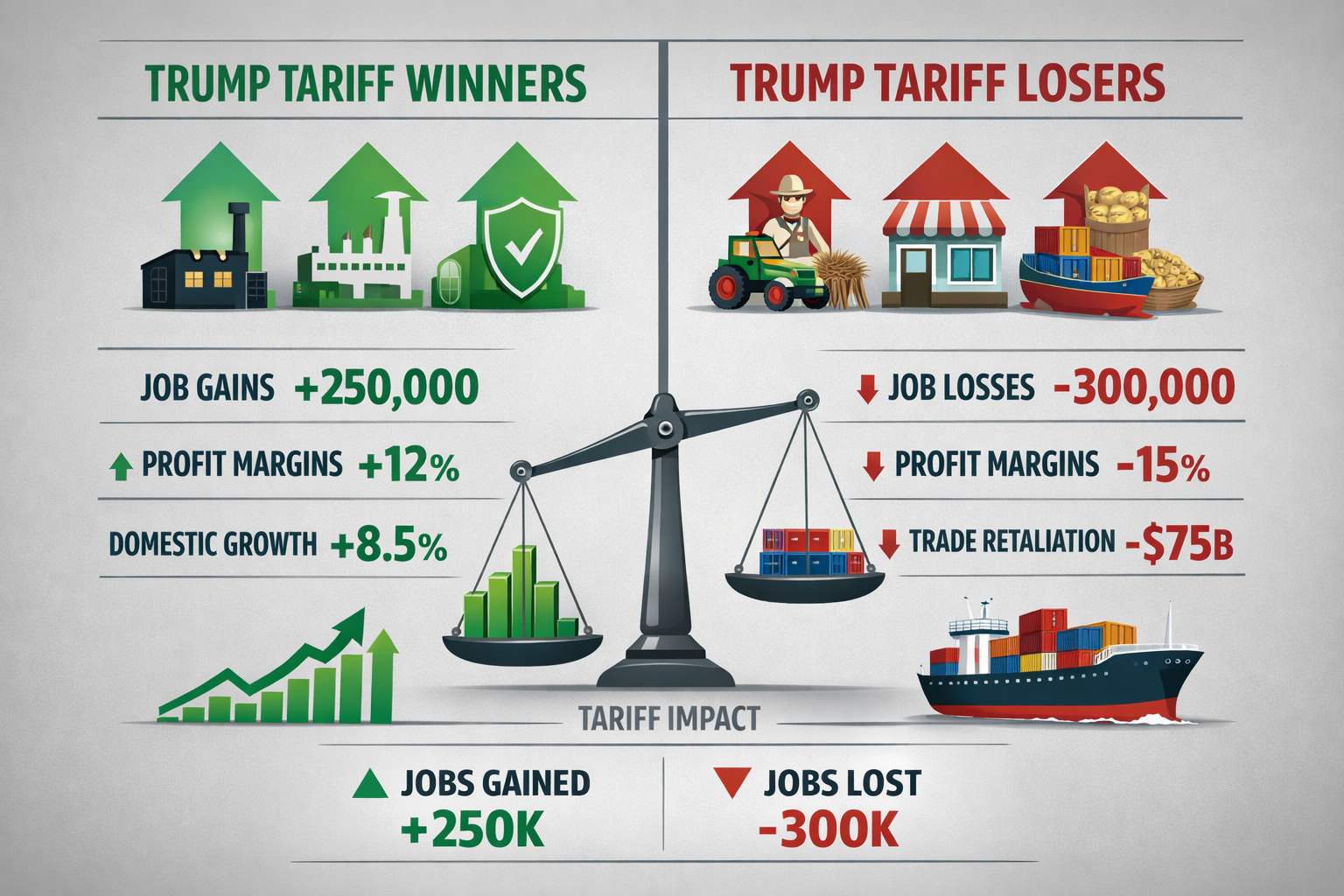 Professional landscape data visualization (1536x1024) showing dual-panel comparison of Trump tariff winners versus losers. Left panel displa