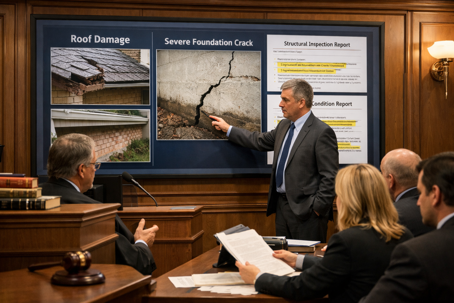 () courtroom scene showing expert witness presenting evidence on large digital display screen featuring property condition