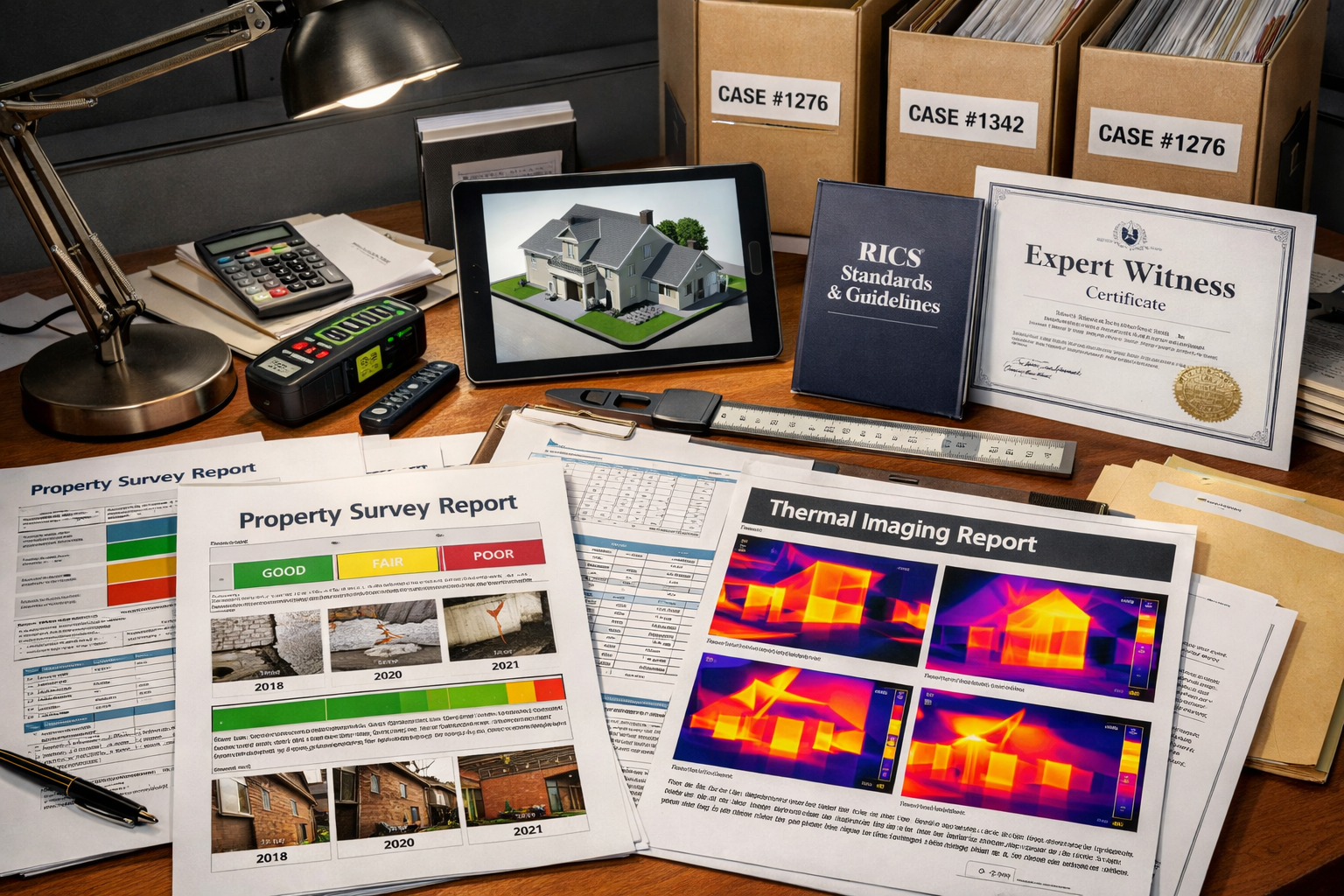 () close-up composition of comprehensive property assessment documentation spread across desk including detailed survey