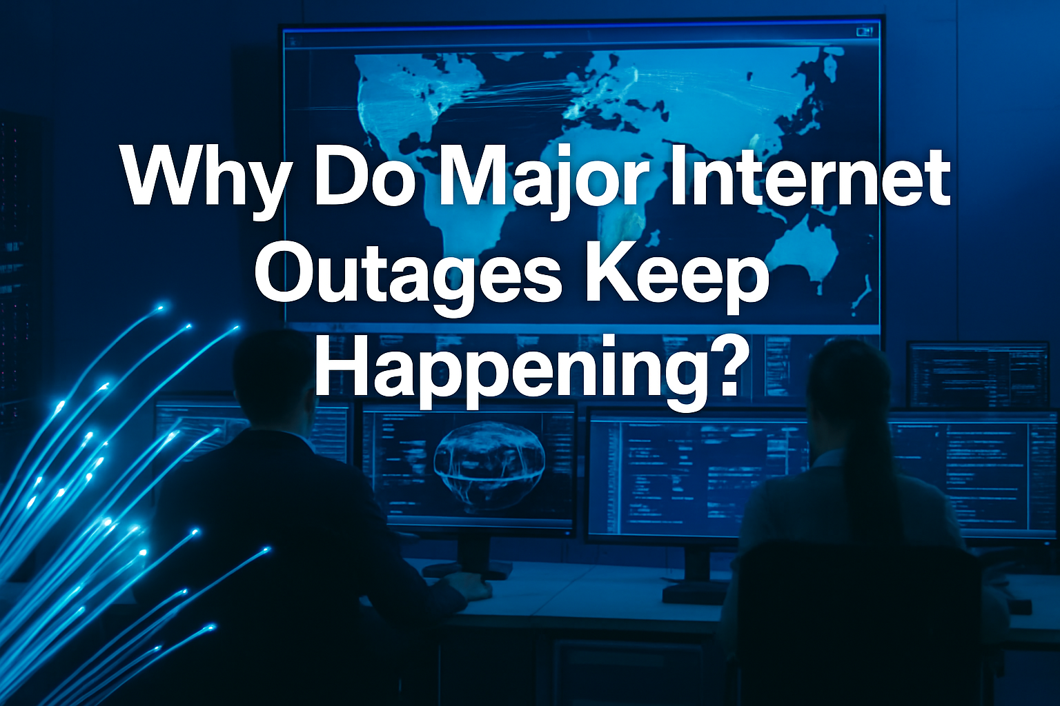 Professional landscape hero image (1536x1024) featuring bold text overlay 'Why Do Major Internet Outages Keep Happening?' in extra large 72p