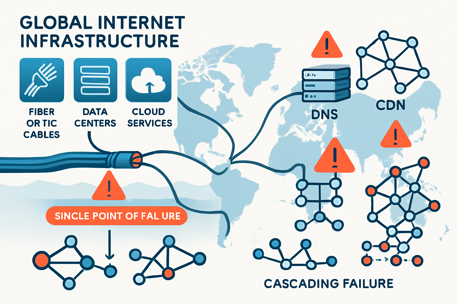 Technical illustration showing interconnected global internet infrastructure with fiber optic cables, data centers, and cloud services. Visu