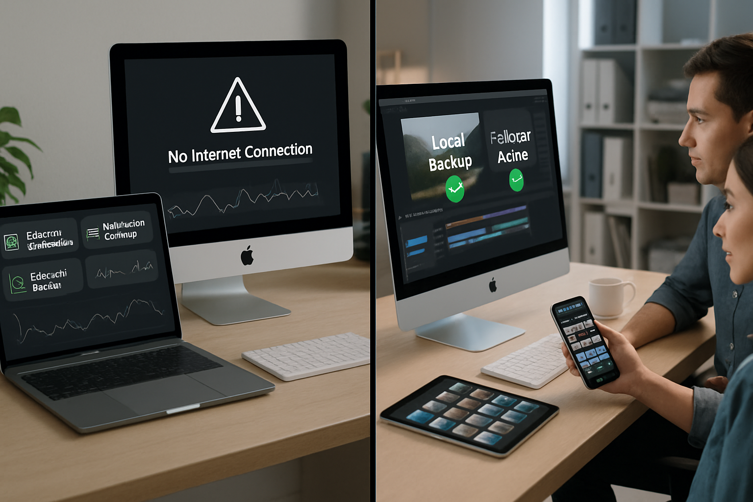 Split-screen composition showing Mac workstations and mobile devices maintaining connectivity during network disruptions. Left side displays