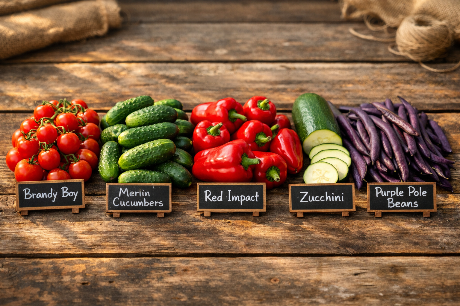 Flat-lay editorial photograph () showing five harvested vegetables side by side on a rustic wooden farm table: a cluster of