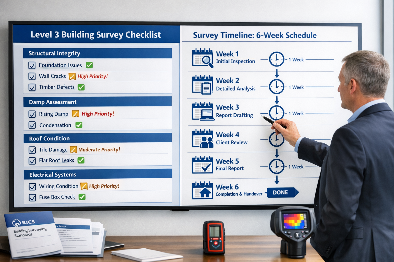 Detailed () image showing comprehensive Level 3 building survey checklist displayed on large digital screen in modern