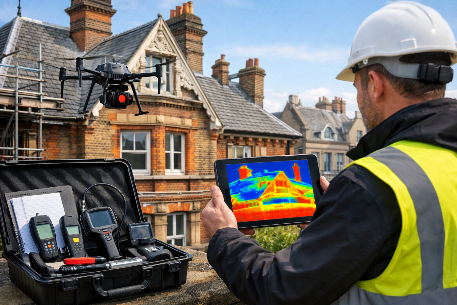 Detailed () image depicting advanced building survey technology in action at historic London property site, showing surveyor