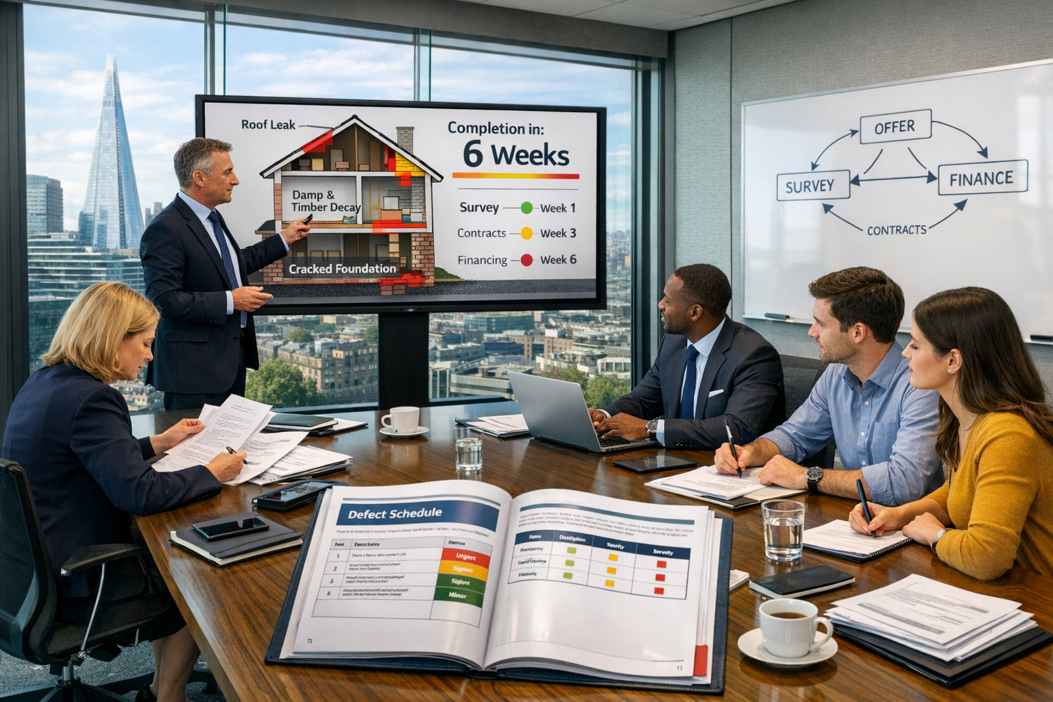 Detailed () image showing collaborative transaction coordination meeting in contemporary glass-walled conference room, with