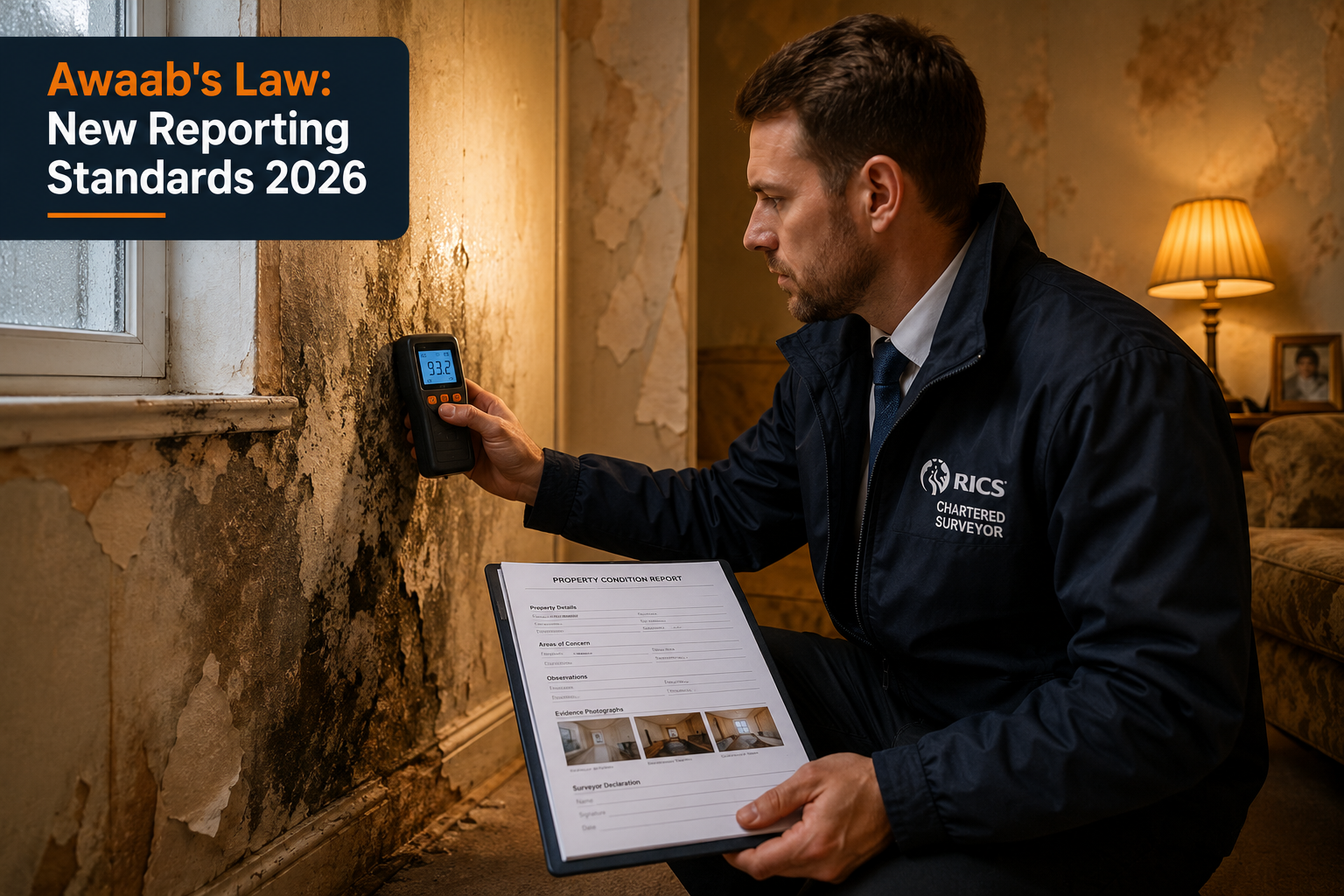 Detailed () editorial image showing a RICS-accredited chartered surveyor in professional attire using a digital moisture