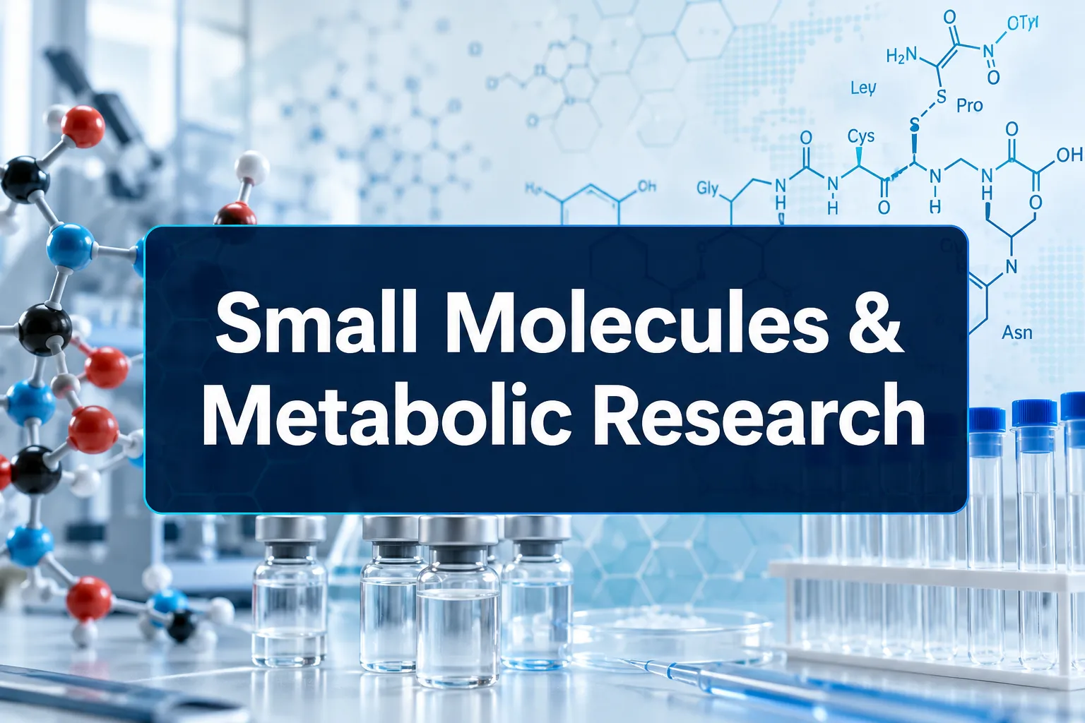 Professional () hero image with (≤42 chars): 'Small Molecules & Metabolic Research' in crisp white on a deep navy