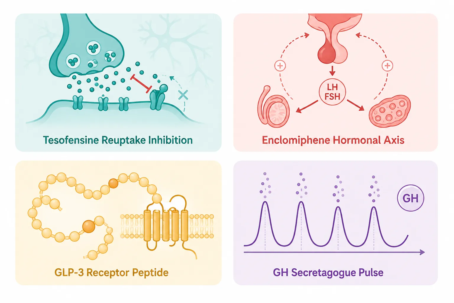 Editorial flat-vector infographic landscape () showing four distinct molecular pathway icons arranged in a 2x2 grid: