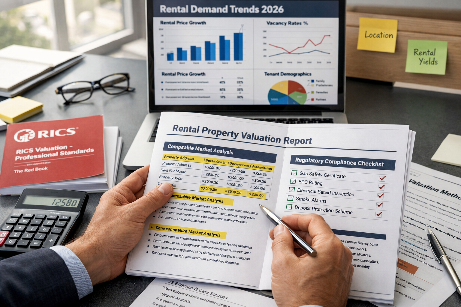 Detailed () image showing close-up of professional RICS-accredited surveyor's hands reviewing comprehensive rental property