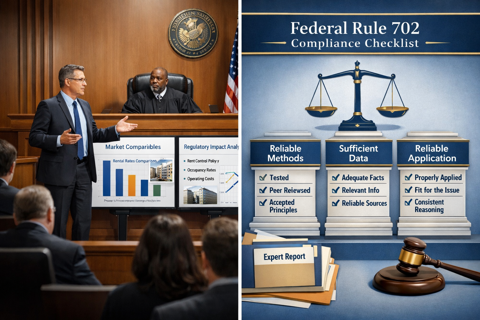 () split-screen composition showing courtroom testimony scene on left with expert witness presenting rental valuation