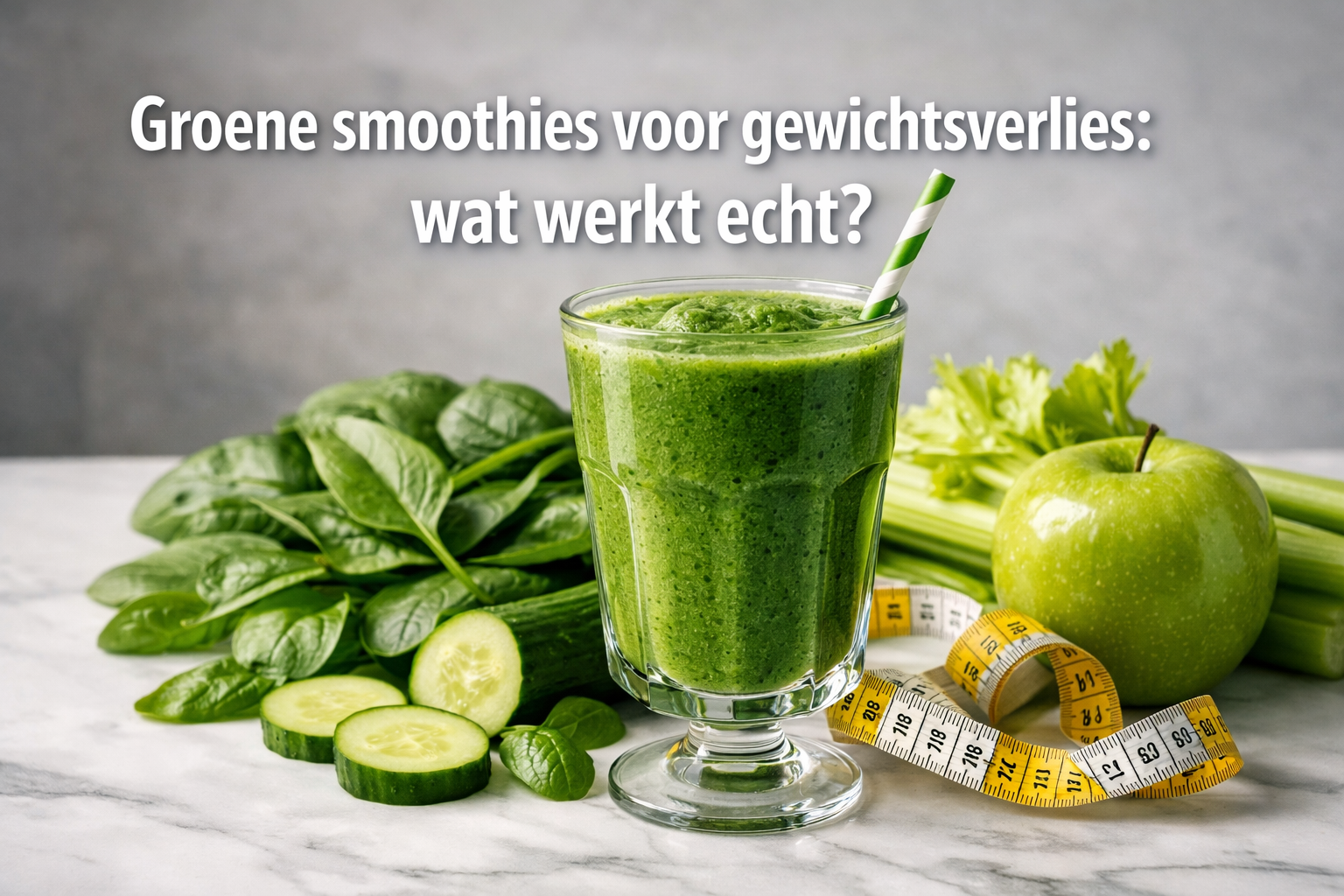 Professional landscape hero image (1536x1024) with bold text overlay 'Groene smoothies voor gewichtsverlies: wat werkt echt?' in extra large