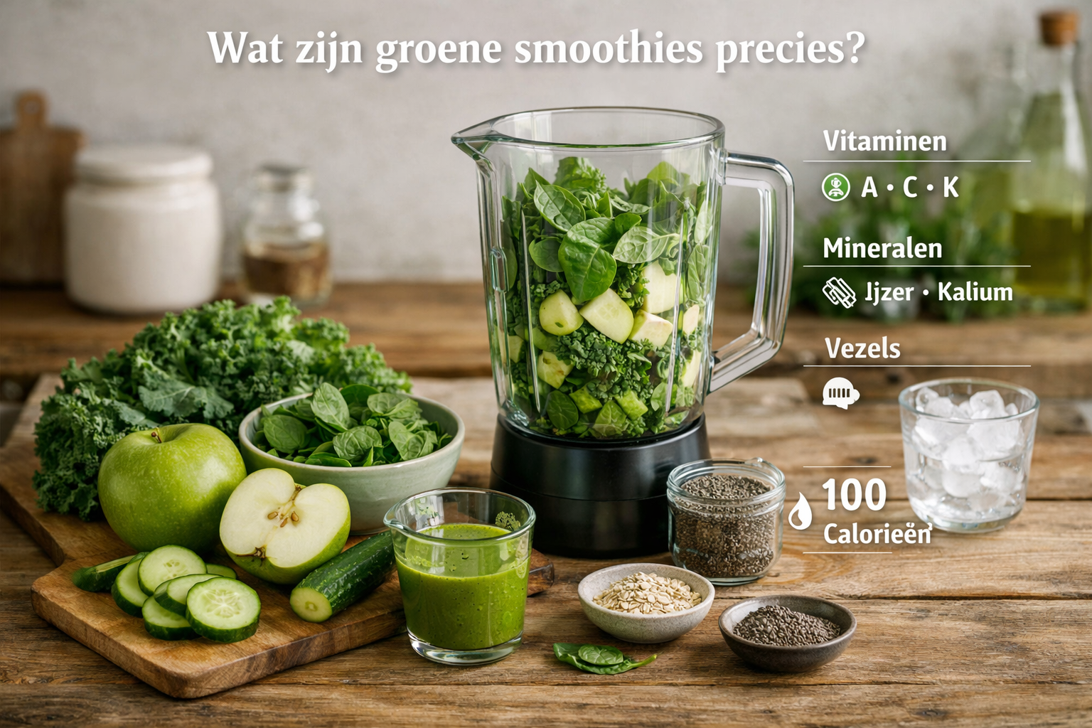 Professional editorial style photo illustrating 'Wat zijn groene smoothies precies?' featuring a rustic wooden kitchen counter with vibrant