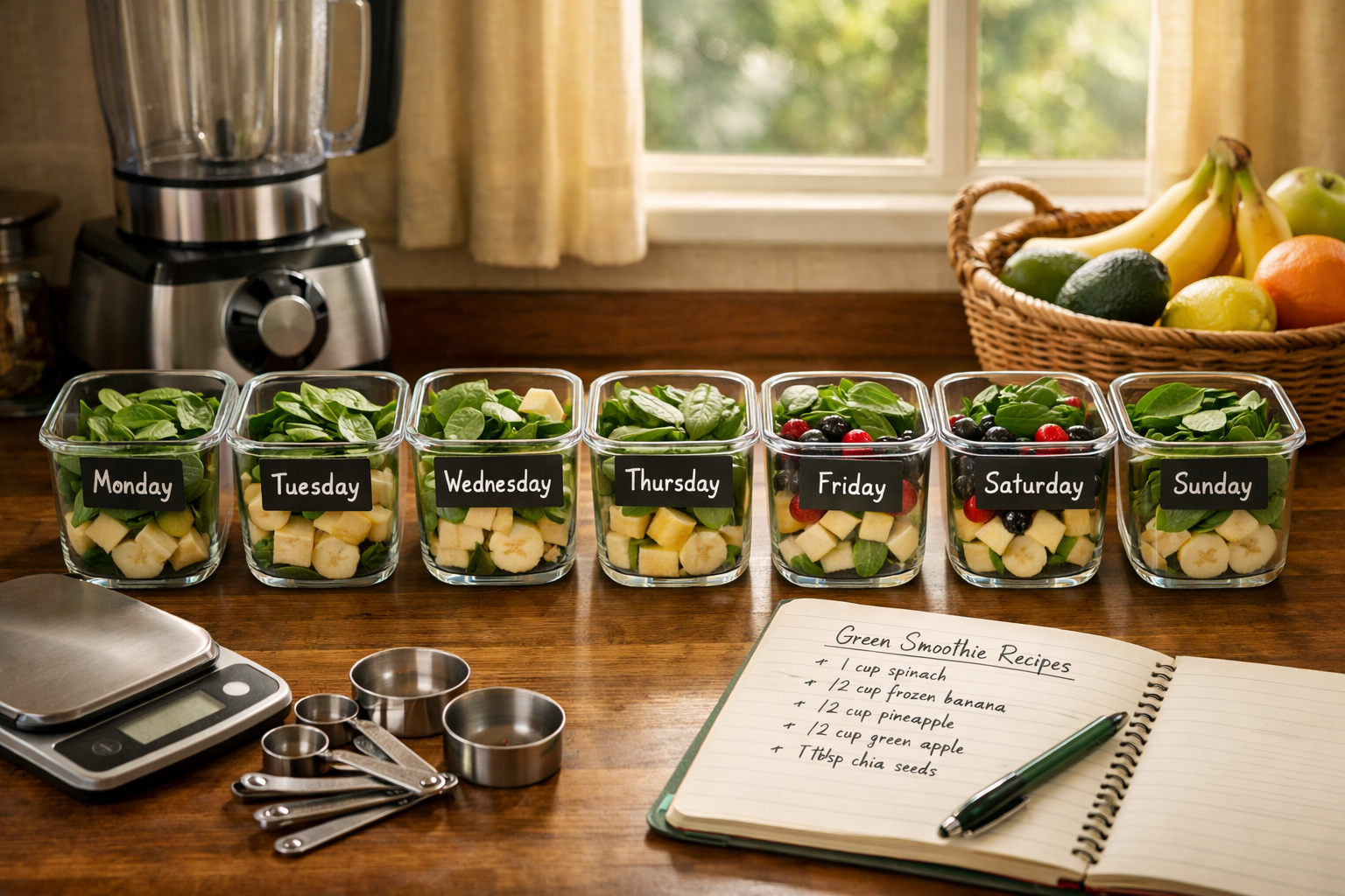 Realistic landscape image (1536x1024) showing weekly meal prep setup for green smoothies. Kitchen counter scene with seven labeled glass con